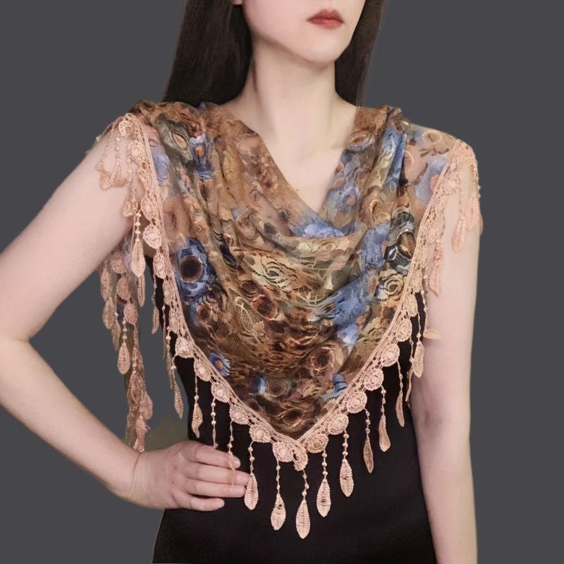Rose Lace Triangle Scarf Tassel Veil Vintage Mantilla Head Covering