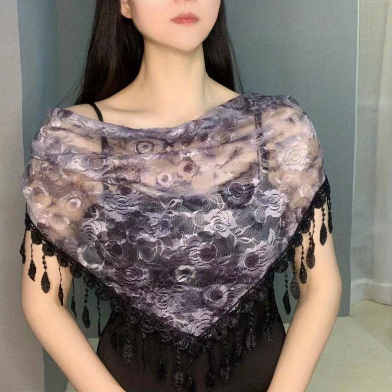 Rose Lace Triangle Scarf Tassel Veil Vintage Mantilla Head Covering