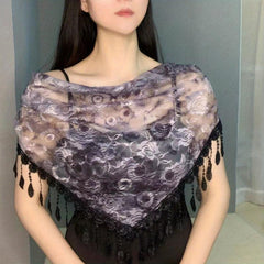 Rose Lace Triangle Scarf Tassel Veil Vintage Mantilla Head Covering
