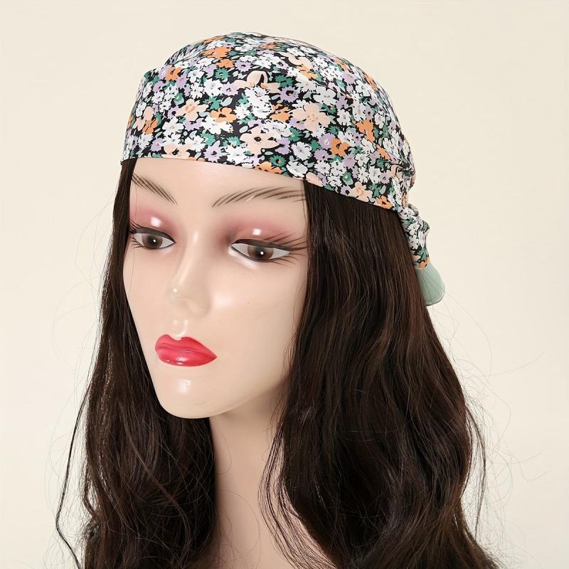 Floral Print Green Bandana Silk Head Wrap Square Scarf Women Neckerchief