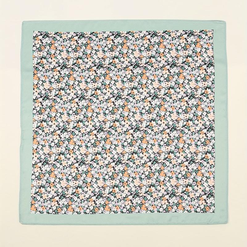 Floral Print Green Bandana Silk Head Wrap Square Scarf Women Neckerchief