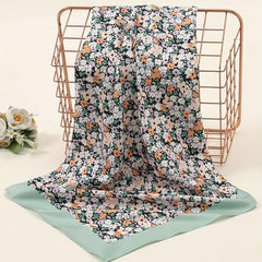Floral Print Green Bandana Silk Head Wrap Square Scarf Women Neckerchief