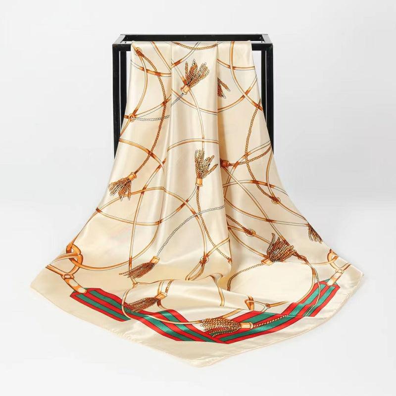 Vintage Chain Print Square Scarf Classic Satin Shawl Windproof Head Wrap
