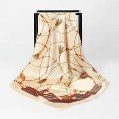 Vintage Chain Print Square Scarf Classic Satin Shawl Windproof Head Wrap