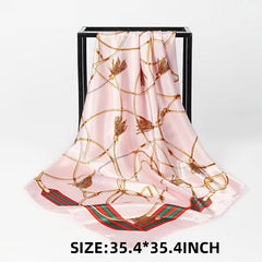 Vintage Chain Print Square Scarf Classic Satin Shawl Windproof Head Wrap