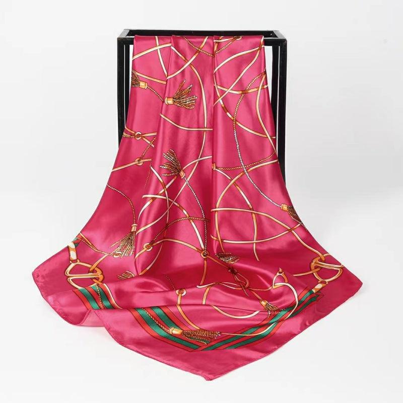 Vintage Chain Print Square Scarf Classic Satin Shawl Windproof Head Wrap