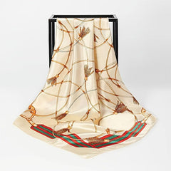 Vintage Chain Print Square Scarf Classic Satin Shawl Windproof Head Wrap