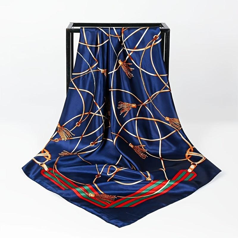 Vintage Chain Print Square Scarf Classic Satin Shawl Windproof Head Wrap