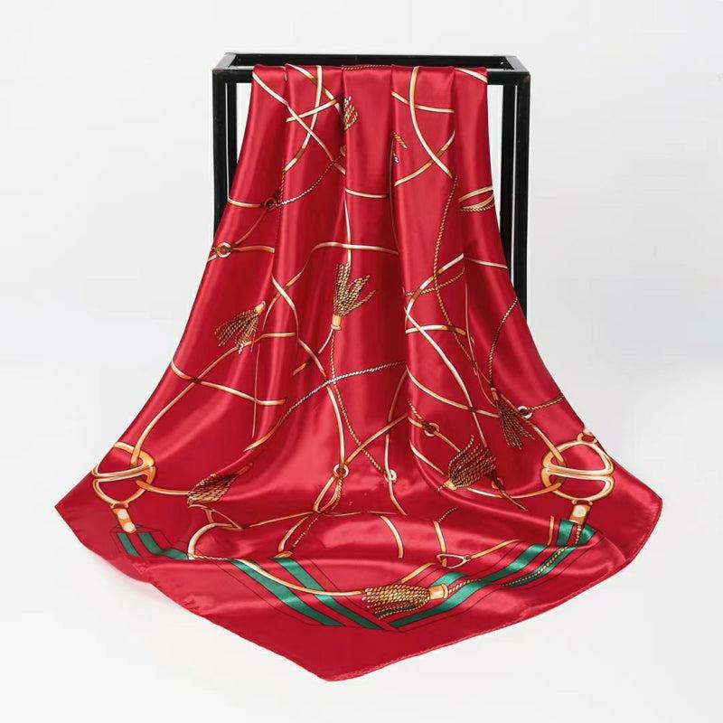 Vintage Chain Print Square Scarf Classic Satin Shawl Windproof Head Wrap