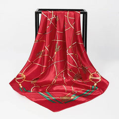 Vintage Chain Print Square Scarf Classic Satin Shawl Windproof Head Wrap