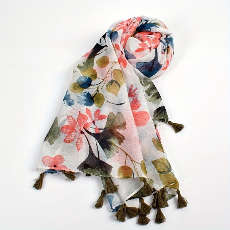 Ginkgo Leaf Print Scarf Bohemian Tassel Shawl Warm Vintage Sunscreen Head Wrap