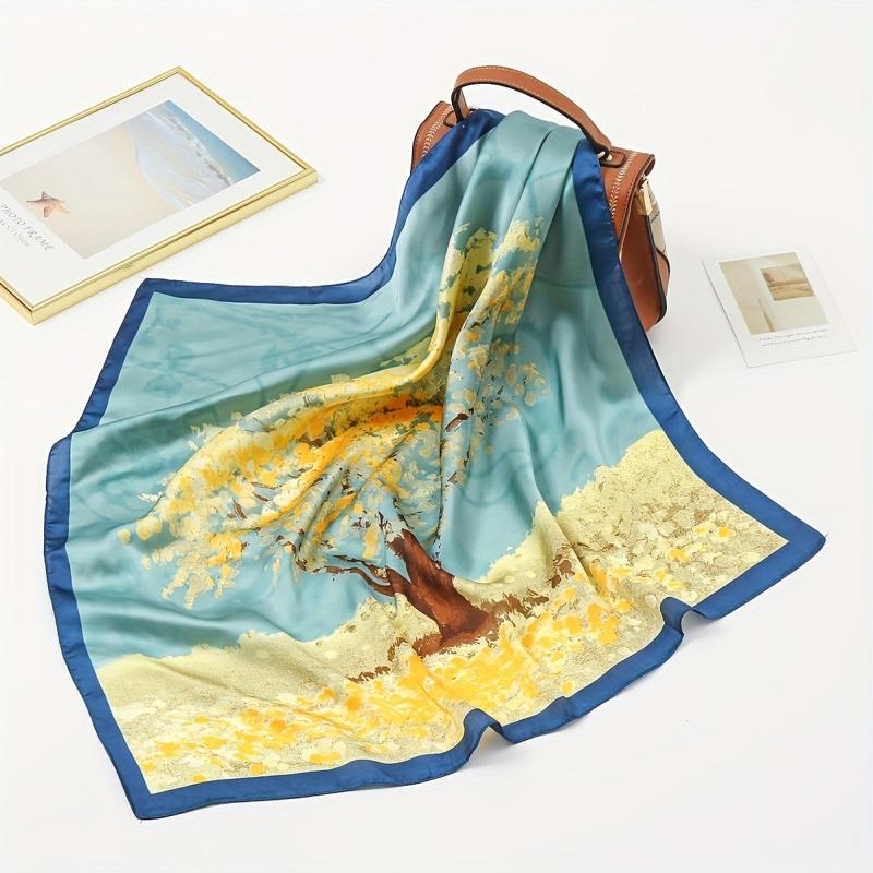Vintage Tree Print Bandana Classic Block Shawl Satin Square Scarf
