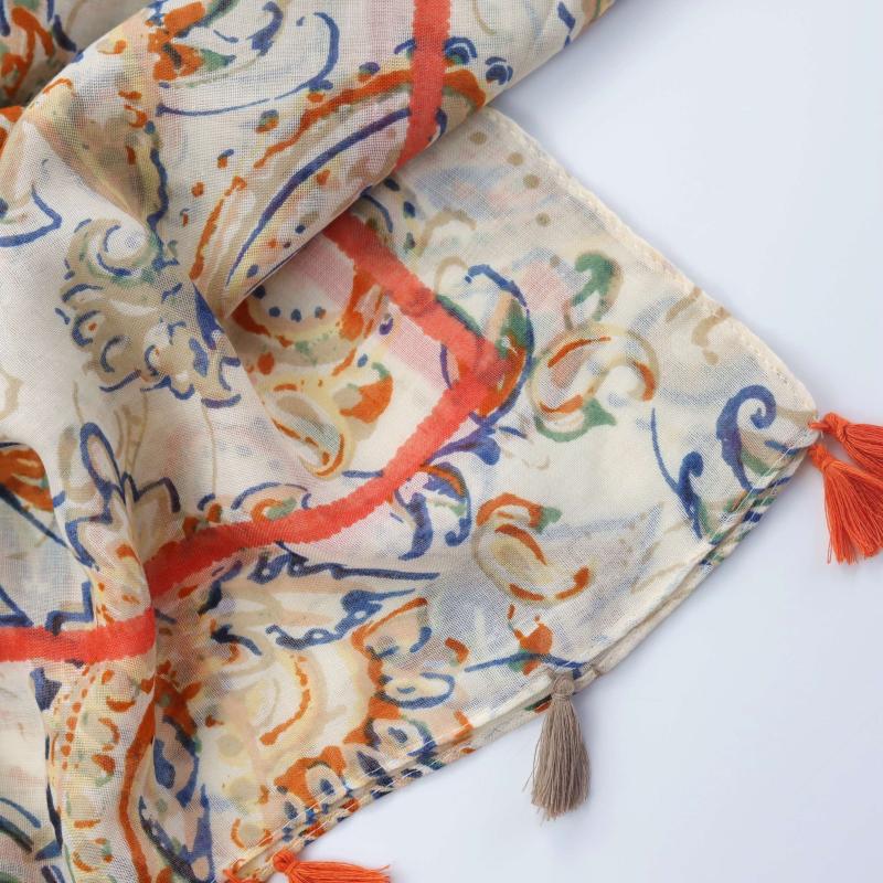 Orange Floral Paisley Print Boho Shawl Turban Beach Travel Sunscreen Head Wrap