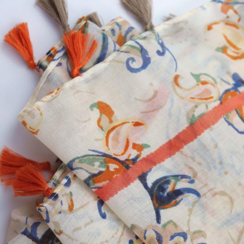 Orange Floral Paisley Print Boho Shawl Turban Beach Travel Sunscreen Head Wrap