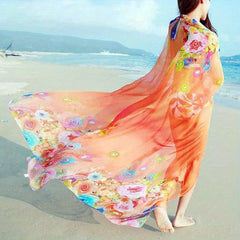 Boho Peacock Feather Print Chiffon Scarf Bikini Cover Up
