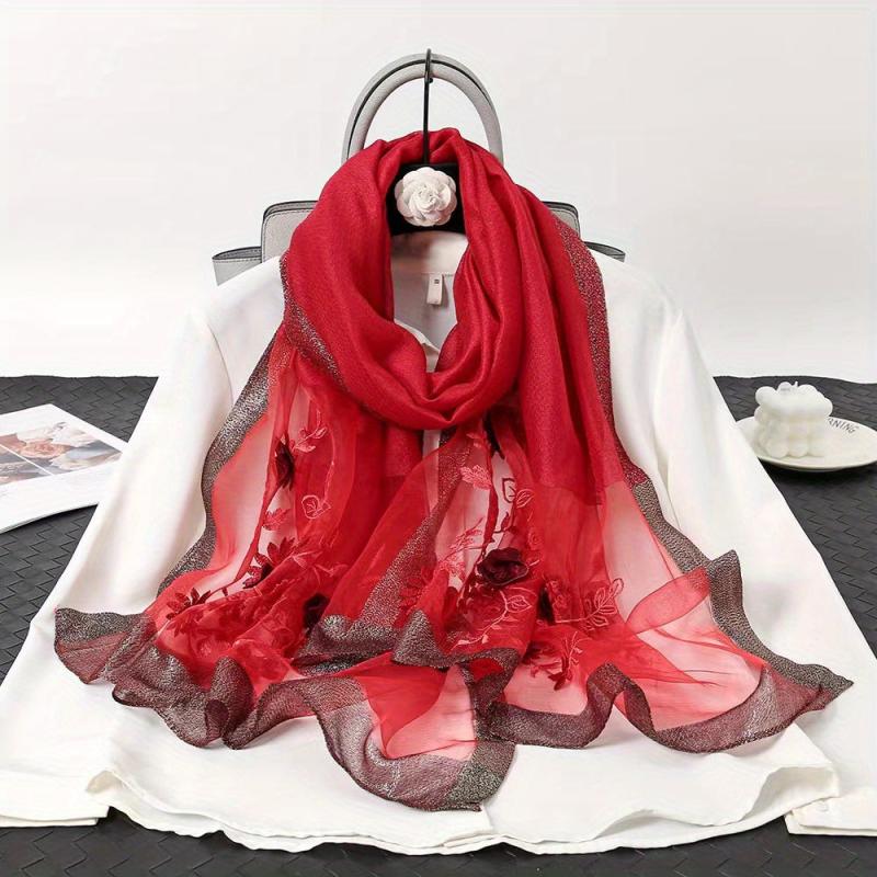 Flower Embroidered Scarf Silk Shawl Wrap Gift For Mother