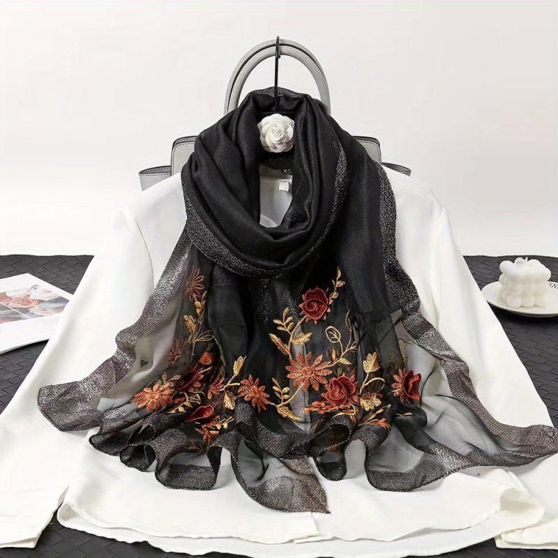 Flower Embroidered Scarf Silk Shawl Wrap Gift For Mother
