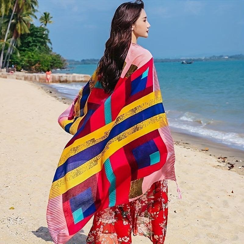 Boho Block Large Scarf Geometric Print Tassel Shawl Outdoor Windproof Head Wrap