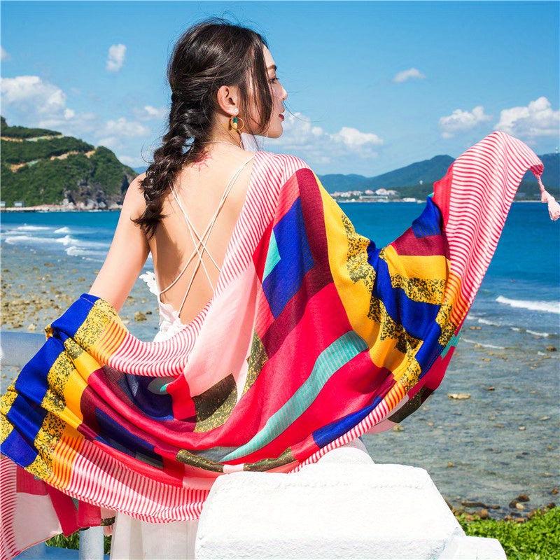 Boho Block Large Scarf Geometric Print Tassel Shawl Outdoor Windproof Head Wrap