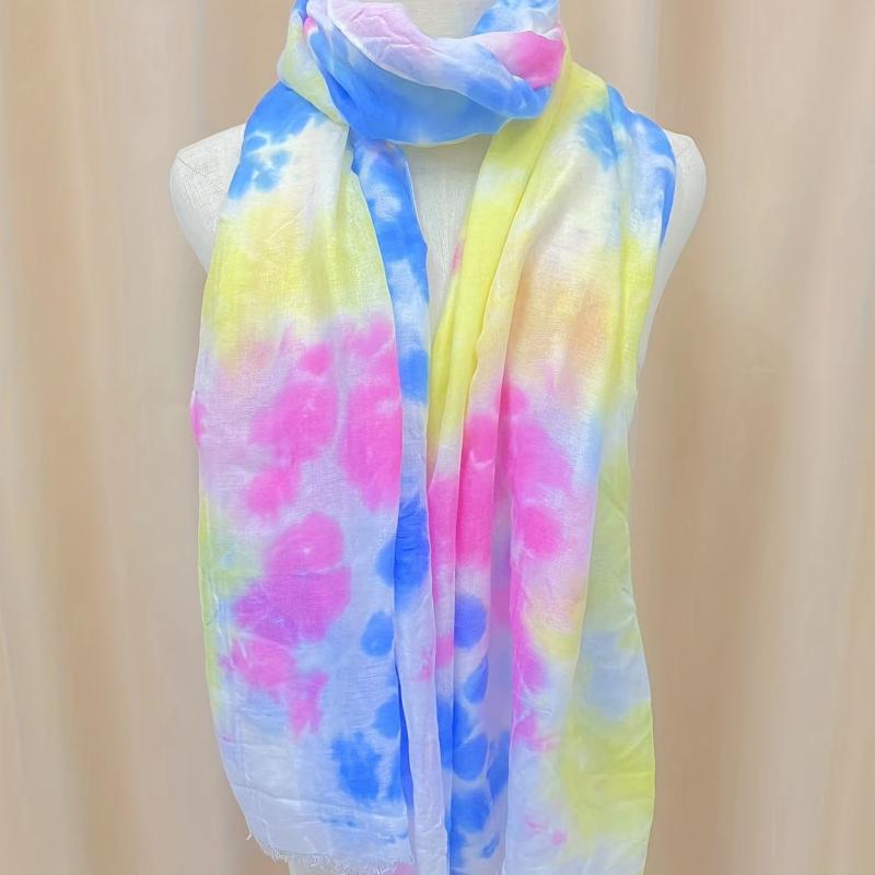 Rainbow Tie Dye Print Scarf Frayed Edge Shawl Casual Breathable