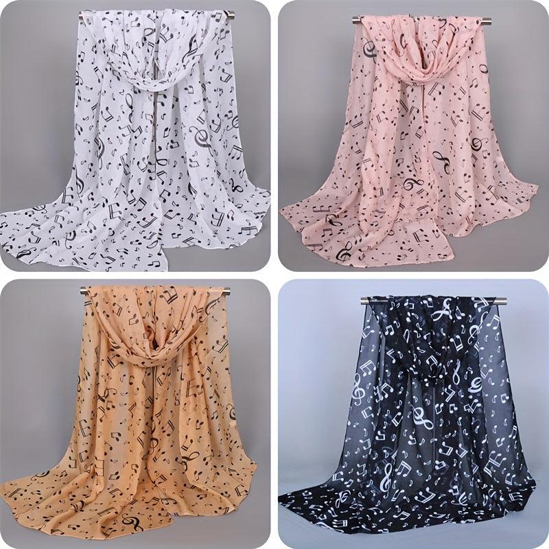 Music Note Print Chiffon Scarf for Women