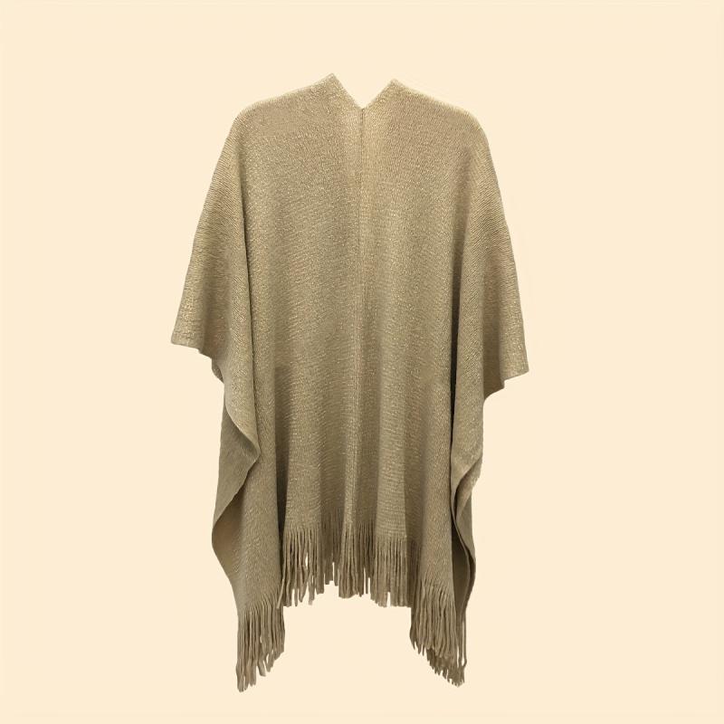 Light Tan Knit Shawl Tassel Sparkly Wraps Women's Windproof Warm Poncho Cape