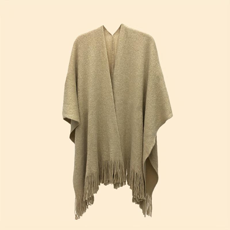 Light Tan Knit Shawl Tassel Sparkly Wraps Women's Windproof Warm Poncho Cape