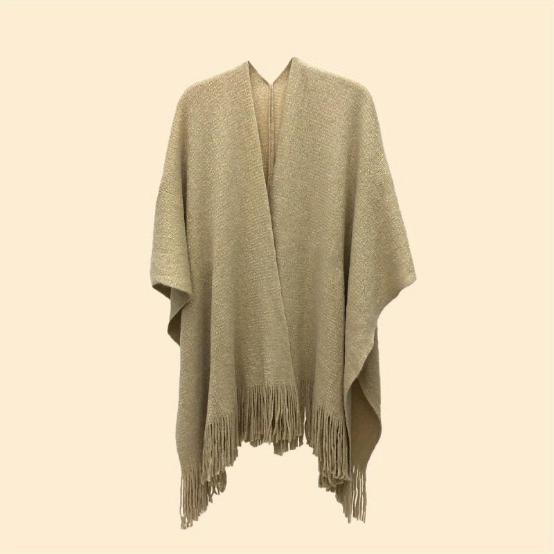 Light Tan Knit Shawl Tassel Sparkly Wraps Women's Windproof Warm Poncho Cape