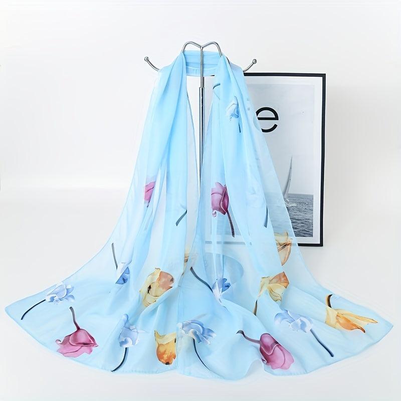 Rose Print Chiffon Scarf Thin Silk Head Wrap Casual Beach Towel