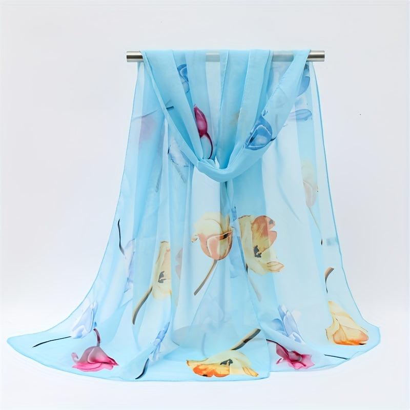 Rose Print Chiffon Scarf Thin Silk Head Wrap Casual Beach Towel