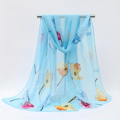 Rose Print Chiffon Scarf Thin Silk Head Wrap Casual Beach Towel