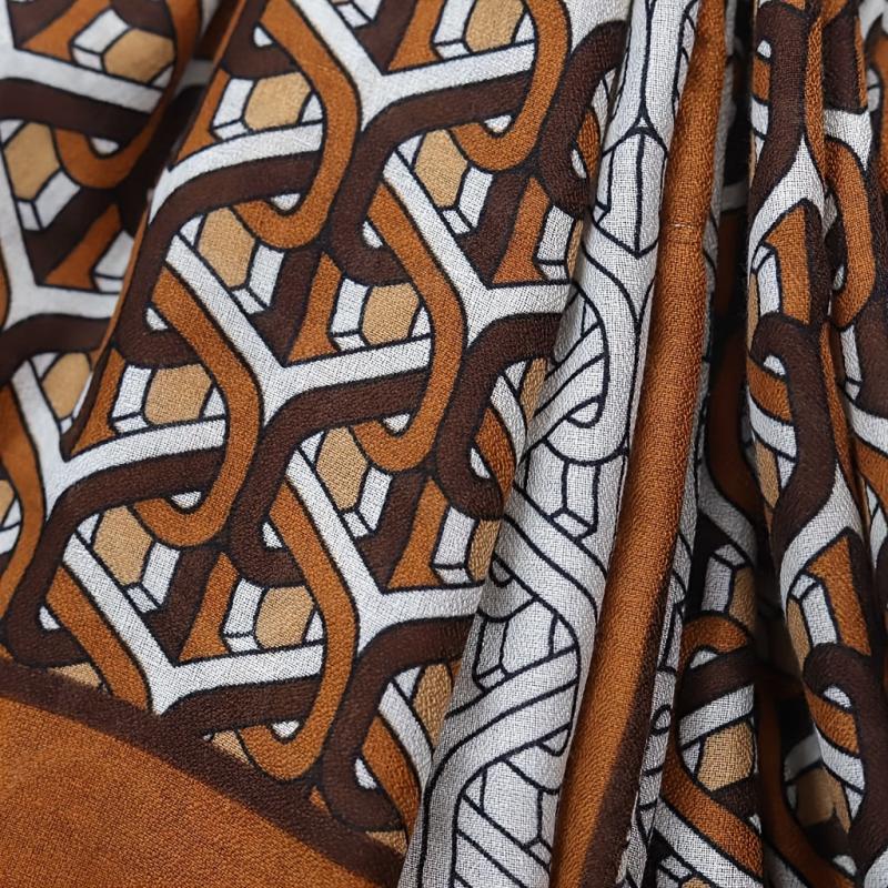 Brown Geometric Ring Print Scarf Vintage Block Shawl Frayed Edge