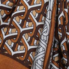 Brown Geometric Ring Print Scarf Vintage Block Shawl Frayed Edge