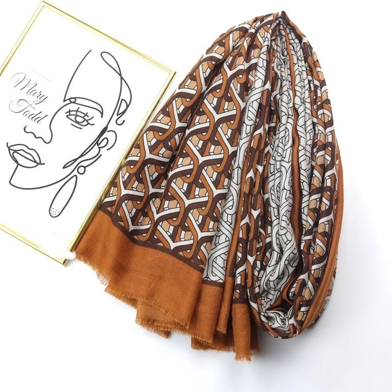 Brown Geometric Ring Print Scarf Vintage Block Shawl Frayed Edge