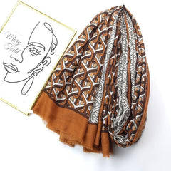 Brown Geometric Ring Print Scarf Vintage Block Shawl Frayed Edge
