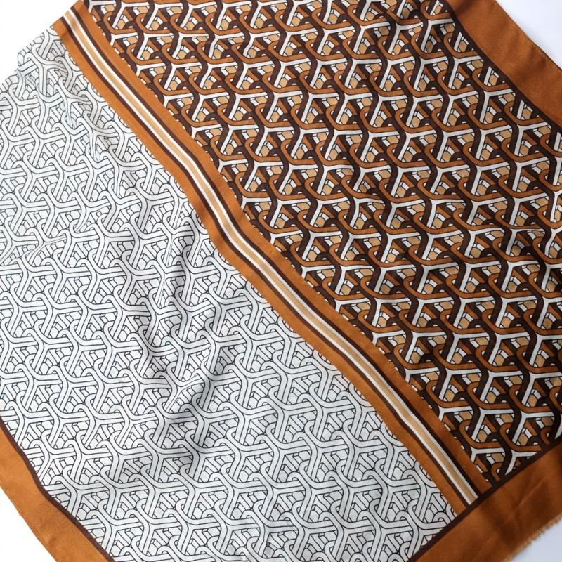 Brown Geometric Ring Print Scarf Vintage Block Shawl Frayed Edge