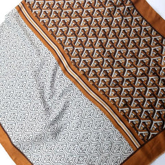 Brown Geometric Ring Print Scarf Vintage Block Shawl Frayed Edge