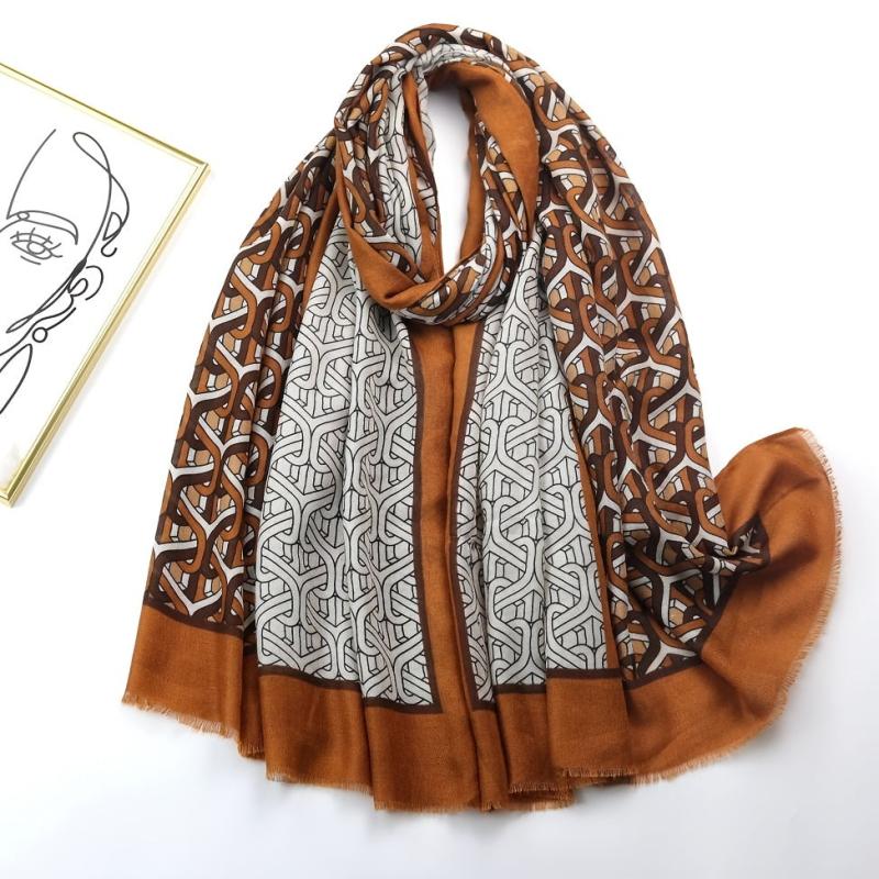 Brown Geometric Ring Print Scarf Vintage Block Shawl Frayed Edge