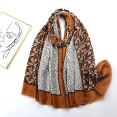 Brown Geometric Ring Print Scarf Vintage Block Shawl Frayed Edge