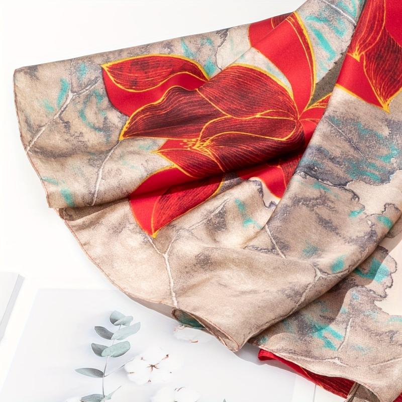 Vintage Lotus Print Scarf Classic Block Shawl Head Wraps Silk Travel Beach Towel