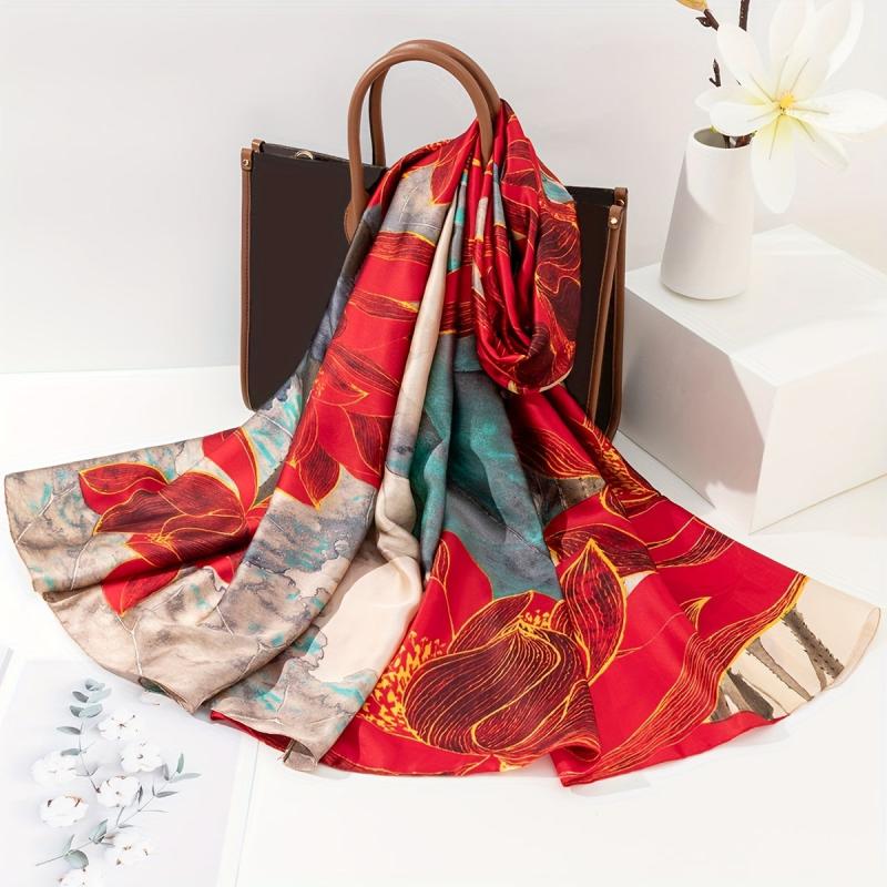 Vintage Lotus Print Scarf Classic Block Shawl Head Wraps Silk Travel Beach Towel