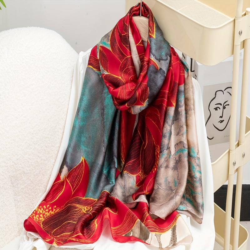 Vintage Lotus Print Scarf Classic Block Shawl Head Wraps Silk Travel Beach Towel