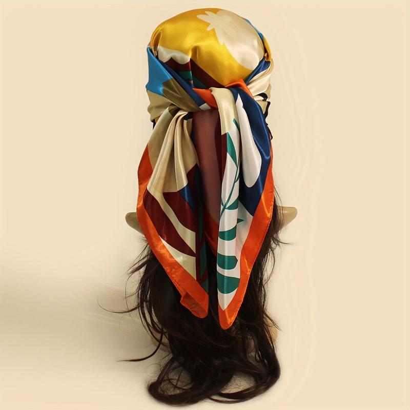 Leaf Flower Print Bandana Satin Shawl Silk Square Scarf Head Wrap Turban
