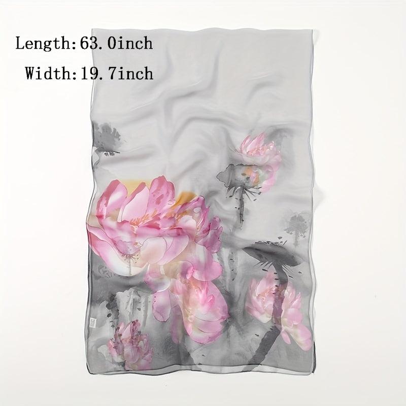 Lotus Print Chiffon Vintage Scarf Long Shawl Spring Summer Thin Head Wrap