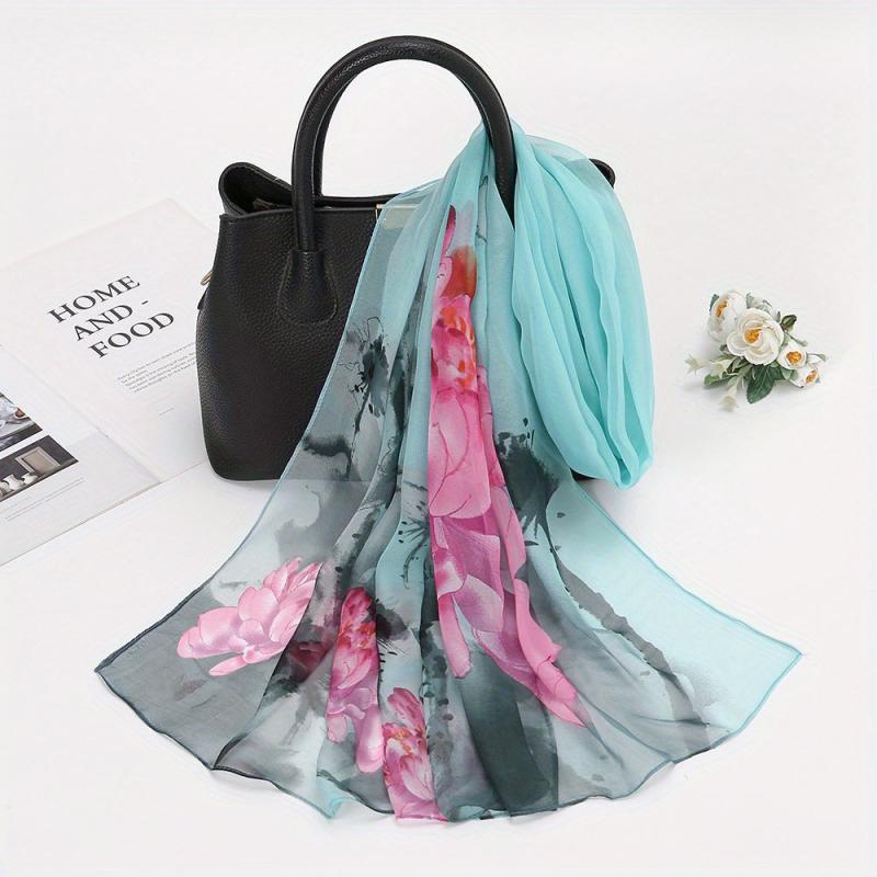 Lotus Print Chiffon Vintage Scarf Long Shawl Spring Summer Thin Head Wrap