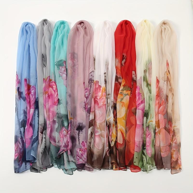 Lotus Print Chiffon Vintage Scarf Long Shawl Spring Summer Thin Head Wrap