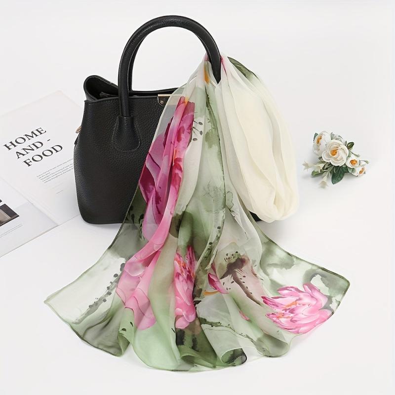 Lotus Print Chiffon Vintage Scarf Long Shawl Spring Summer Thin Head Wrap
