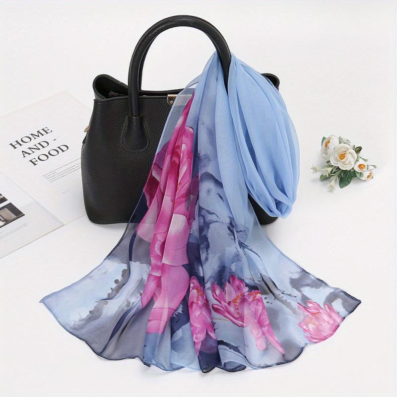 Lotus Print Chiffon Vintage Scarf Long Shawl Spring Summer Thin Head Wrap