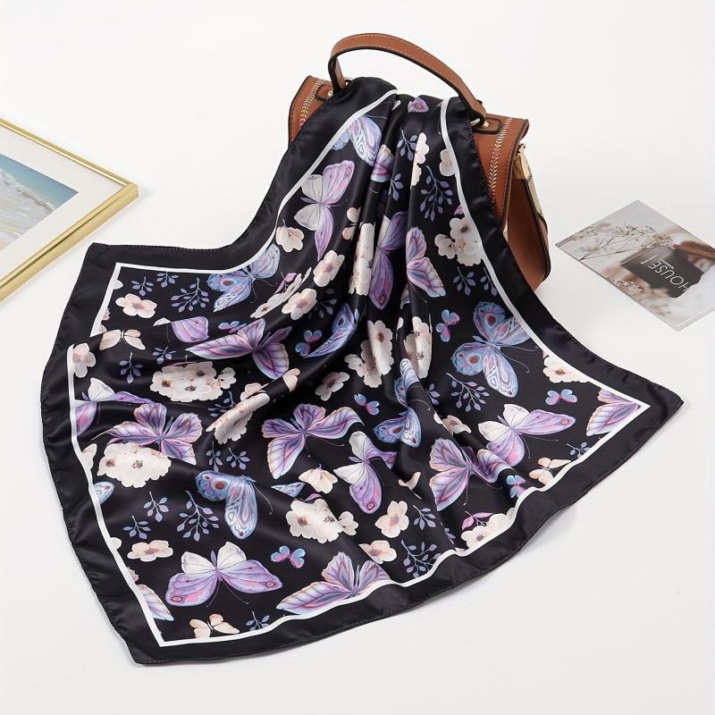 Butterfly Print Bandana Casual Square Scarf Women Neckerchief Head Wrap Hair Acc
