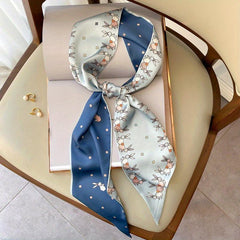 Floral Print Satin Twilly Scarf Hair Ribbon Silk Double Layer Neckwear